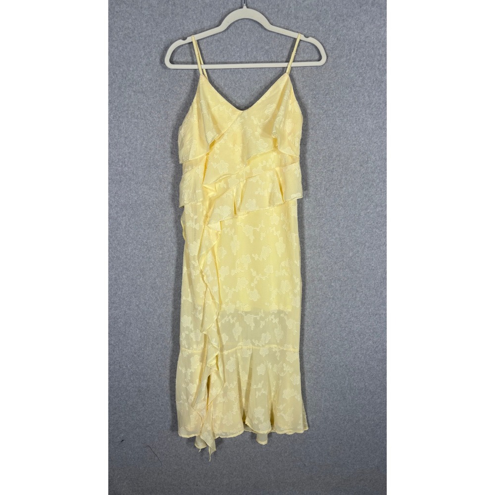 Y2K Ruffle Midi Dress Medium Yellow Floral‎ Burnout Tiered Fairy Grunge Sheer